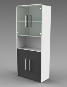 Büroschrank mit Glastüren, Holztüren und offenes Schrankfach